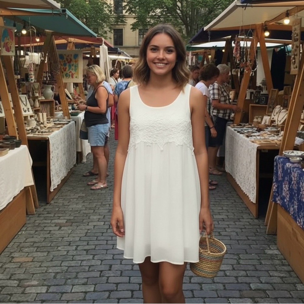 Gauzy Ivory & Crochet Lace Mini Dress